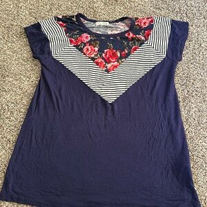 Navy and floral tee, fits like a medium